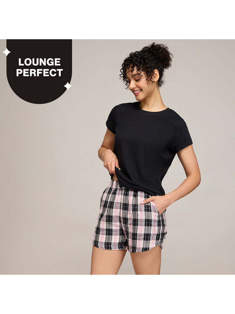 Nykd By Nykaa Essential Cotton Shorts Coord Set With Crew Neck Cotton Knit Tee Nys942 Black-image-7