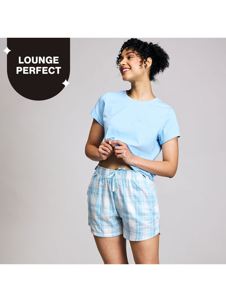 Nykd By Nykaa Essential Cotton Shorts Coord Set With Crew Neck Cotton Knit Tee Nys942 Blue-image-41
