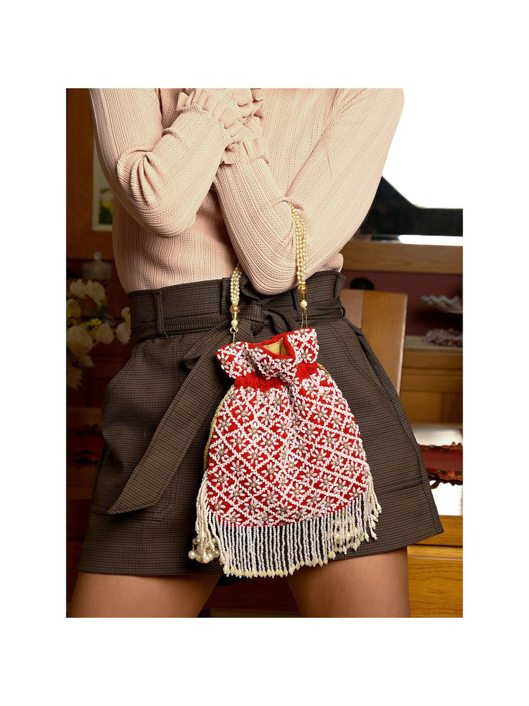 Odette Maroon Printed Potli Bag-image-7