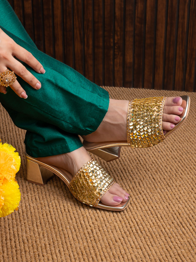 Hydes N Hues Women Gold Sandal Heels-image-7
