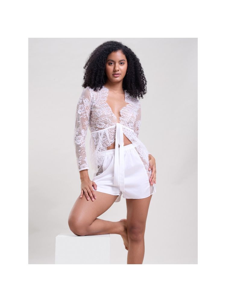 Mysthelle White Self Design Comfortable Fit Shrug and Shorts (Set of 2)-picture-25