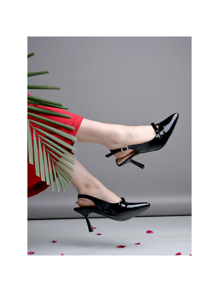 Shoetopia Women Smart Casual Glossy Upper Detailed Black Heels-picture-16