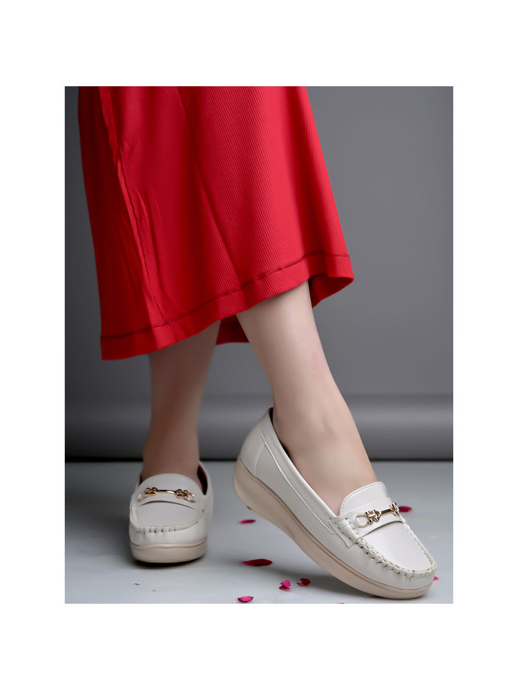 Shoetopia Women Buckle Detailed Casual Cream Loafers-picture-40