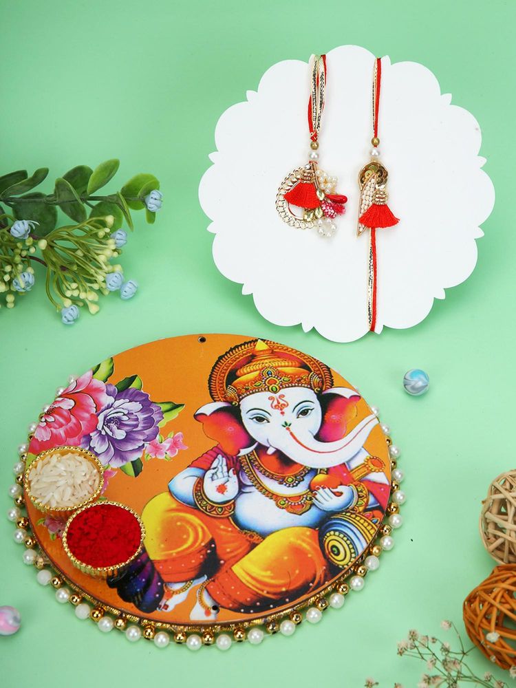 AAPNO RAJASTHAN Ganesha Print Pooja Thali with Beaded Lumba Rakhi-picture-18