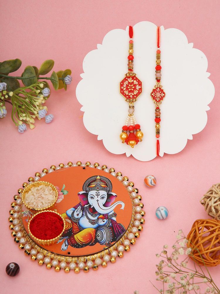 AAPNO RAJASTHAN Mini Ganesha Pooja Thali with 2 Stone Studded Bhaiya Bhabhi Rakhis-picture-18