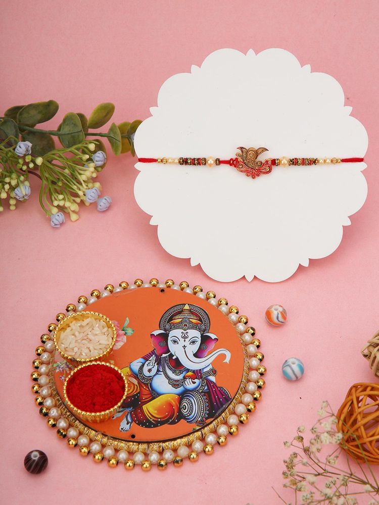 AAPNO RAJASTHAN Ganesha Design Puja Thali with Gold-Toned Ganapati Thread Rakhi-picture-12
