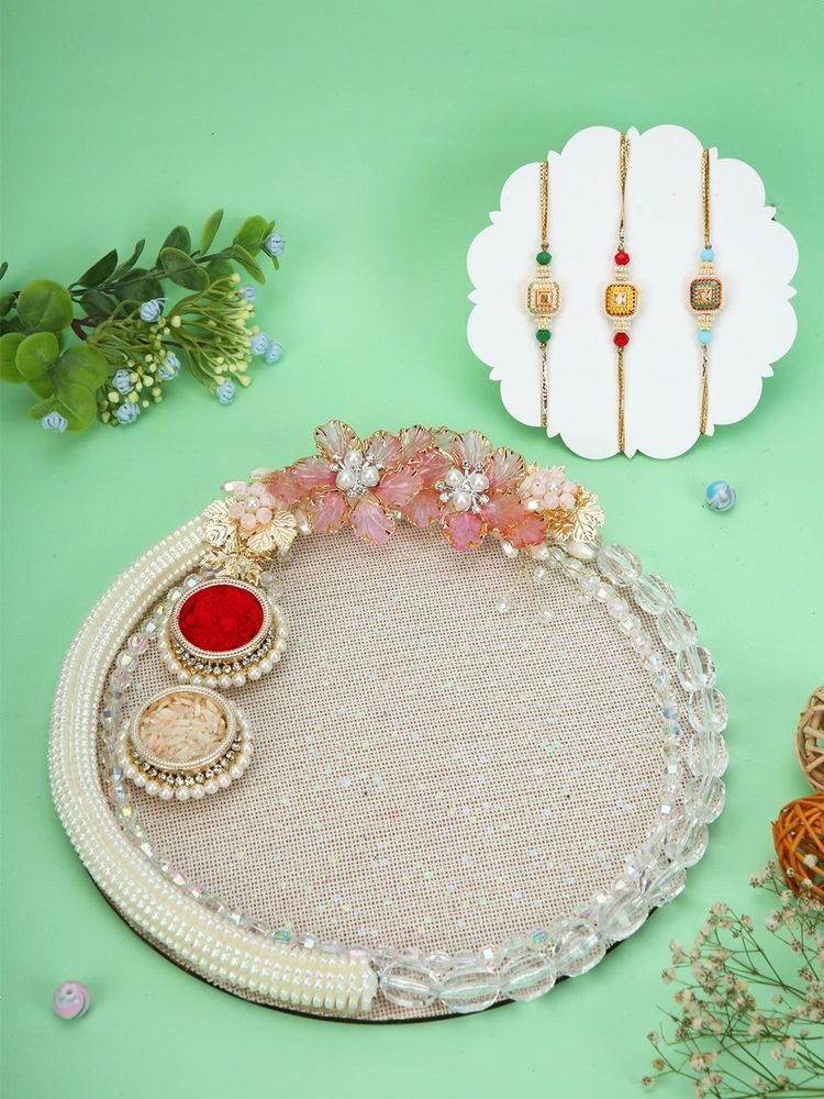 AAPNO RAJASTHAN Luxe Mirror Work Thali with 3 Beaded Square Rakhis-picture-25
