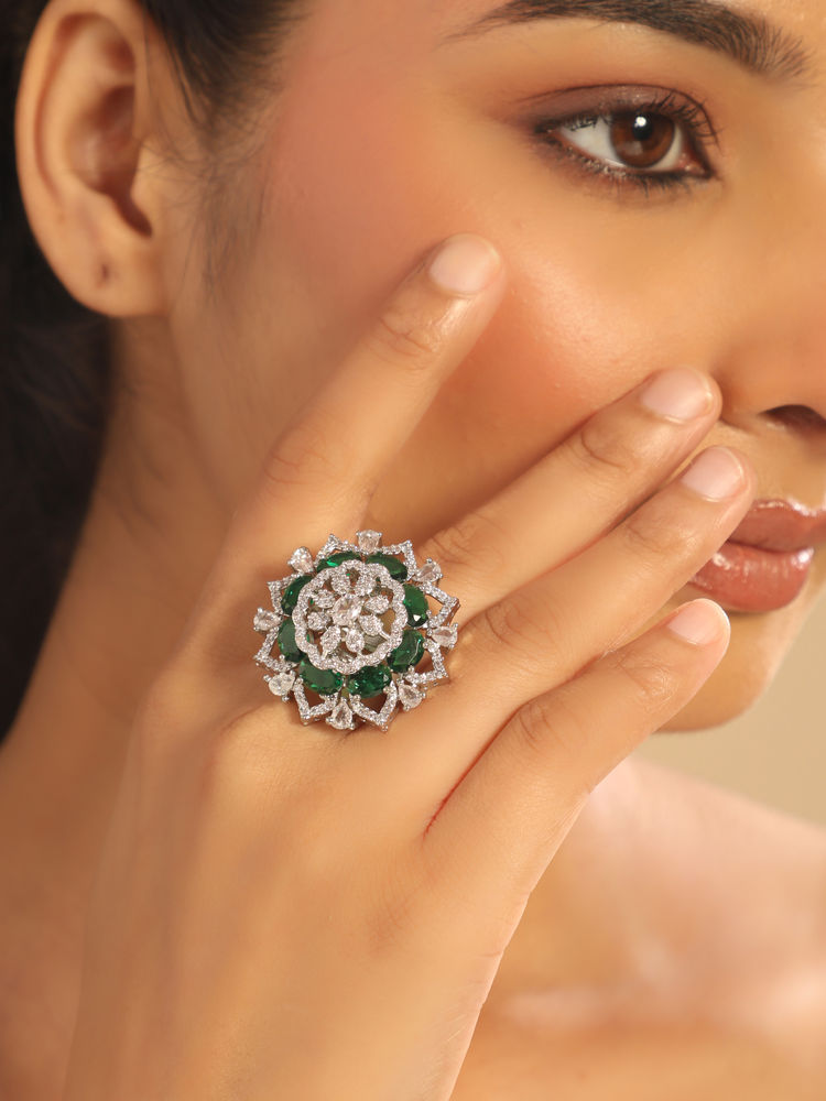 Nuyug Multi-Color Rhodium Plated Emerald Spark Adjustable Ring-picture-13