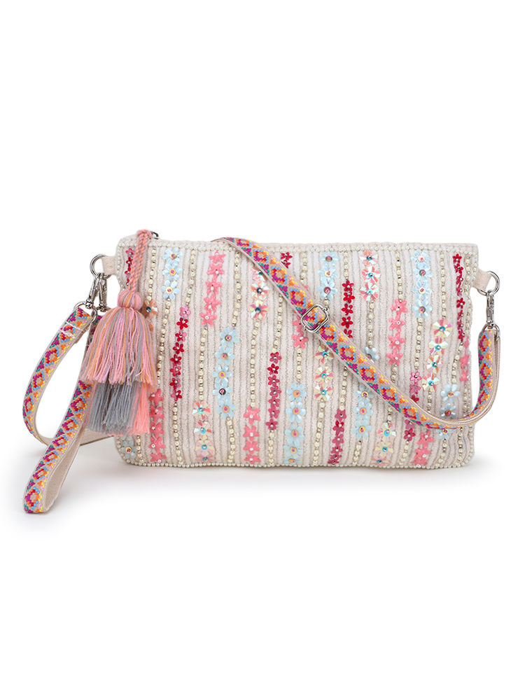 Anekaant Glid Natural & Pink Striped Sequined Cotton Handloom & Leatherette Sling Bag