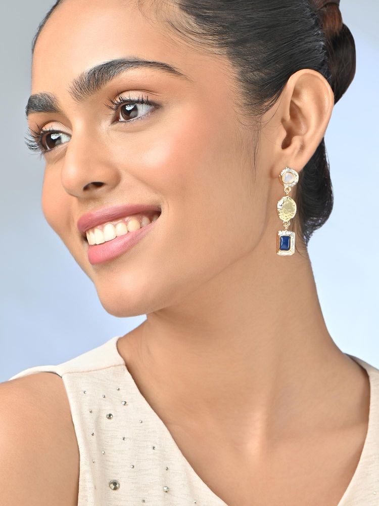 ToniQ Gold Plated Textured Drop Blue Stone Drop Earrings-picture-10