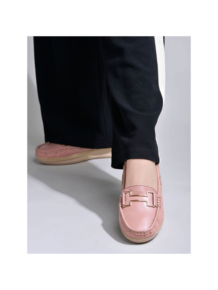 Shoetopia Women Upper Buckle Detailed Peach Loafers-picture-15