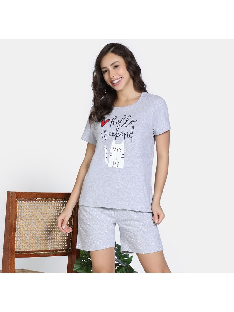 Zivame Grey Mel Knit Cotton Top with Shorts-picture-16