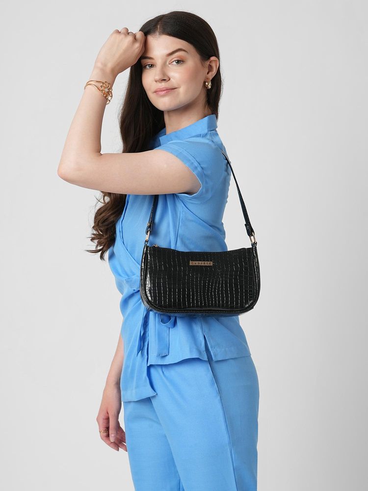 Caprese Women Faye Black Small Baguette Handbag-image-12