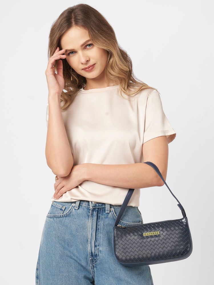 Caprese Women Fergi Navy Blue Medium Baguette Handbag-image-28