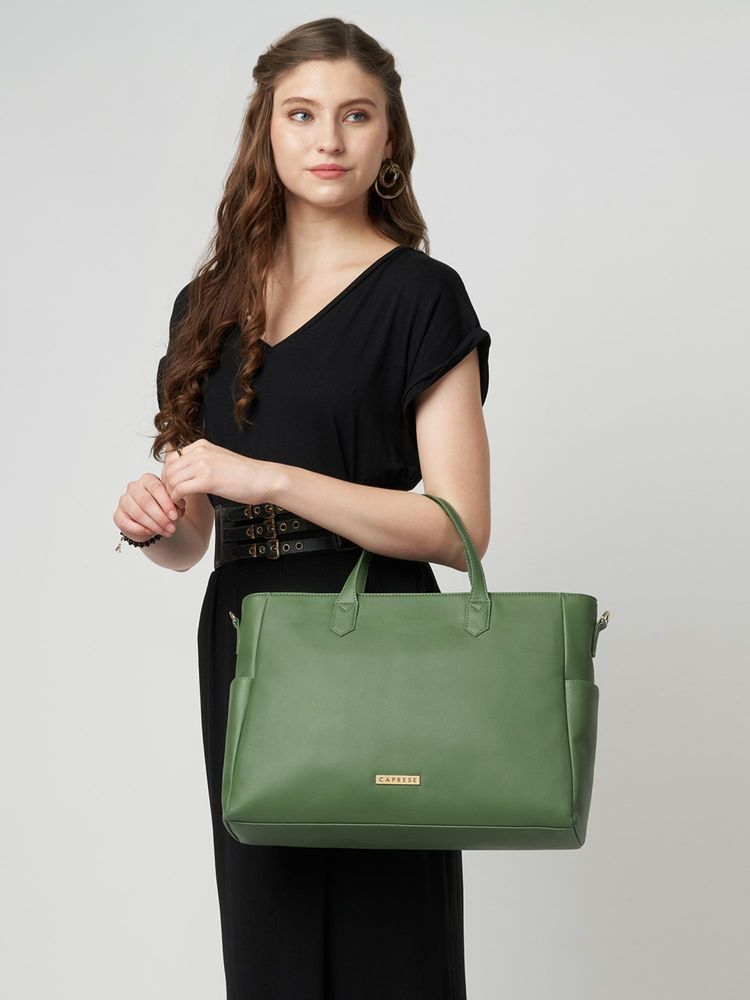 Caprese Women Bow Olive Green 15.6 Inch Large Laptop Bag with Detachable Strap