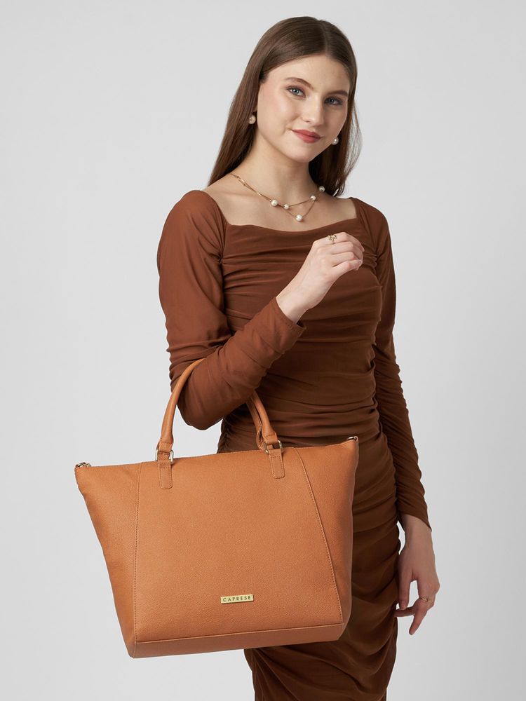 Caprese Women Foxtail Tan Large Satchel Bag with Detachable Strap-image-20