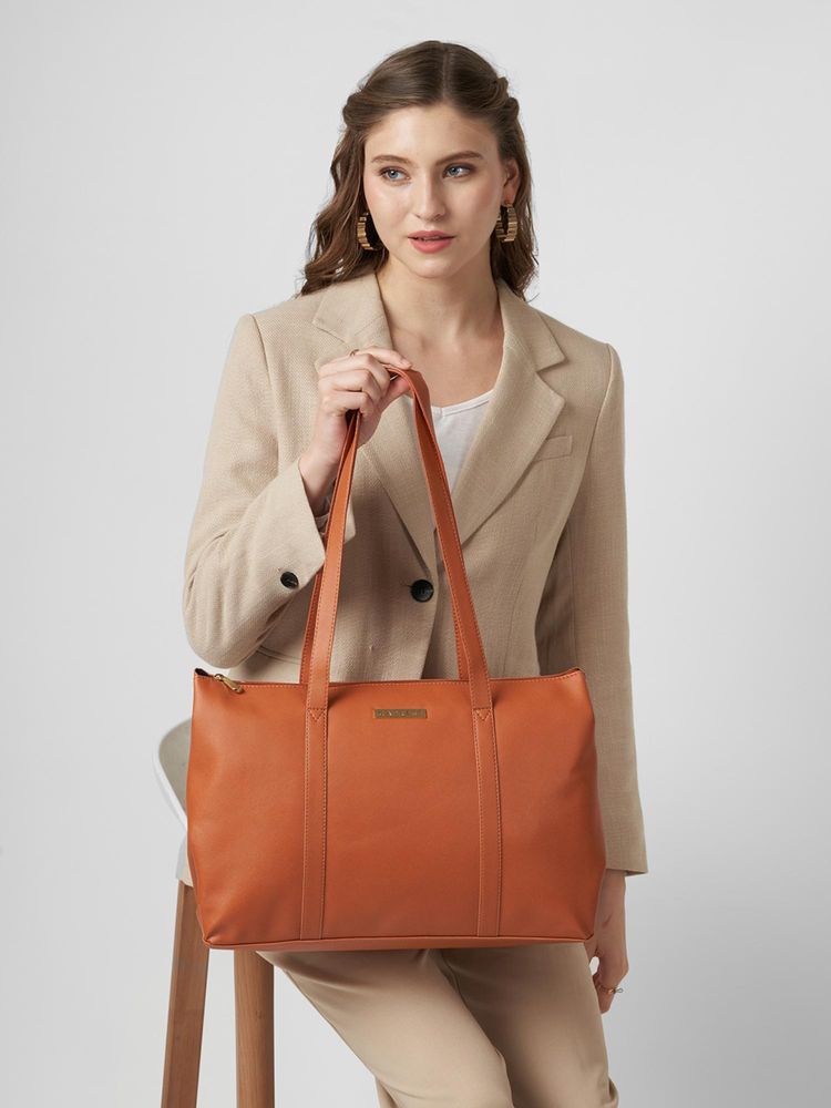 Caprese Women Crystal Tan 15.6-Inch Laptop Compatible Large Tote Bag-image-26