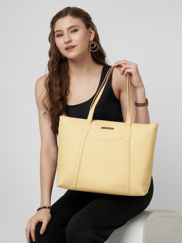 Caprese Women Jimny Butter Yellow 14 Inch Laptop Compatible Large Tote Bag-picture-36