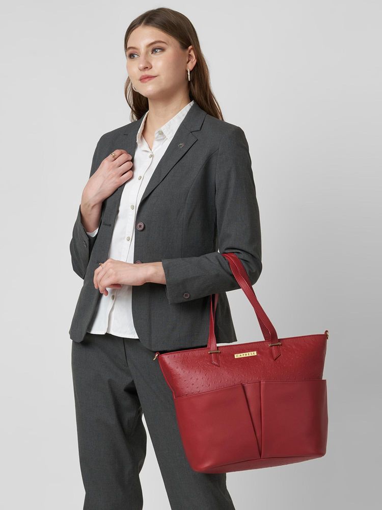 Caprese Women Ostrich Cherry Burgundy Large Tote Bag with Detachable Starp-picture-17