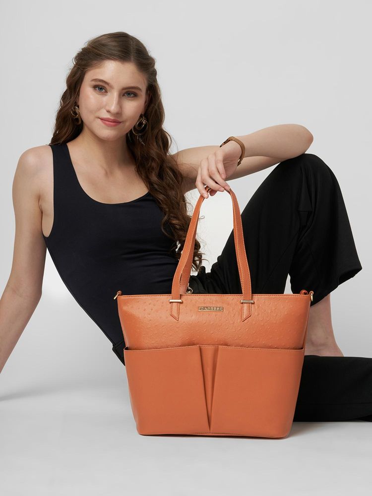 Caprese Women Ostrich Tan Large Tote Bag with Detachable Starp-image-47