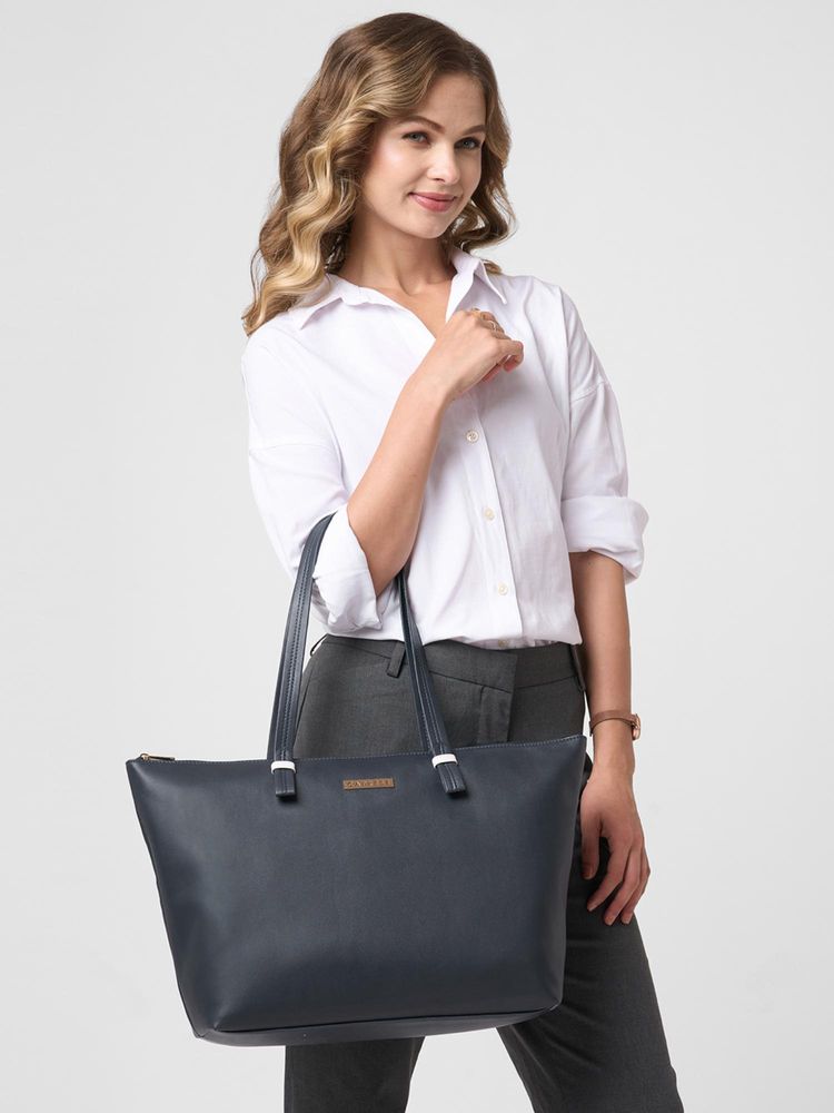 Caprese Women Polka Navy Blue 16 Inch Laptop Compatible Large Tote Bag-image-24