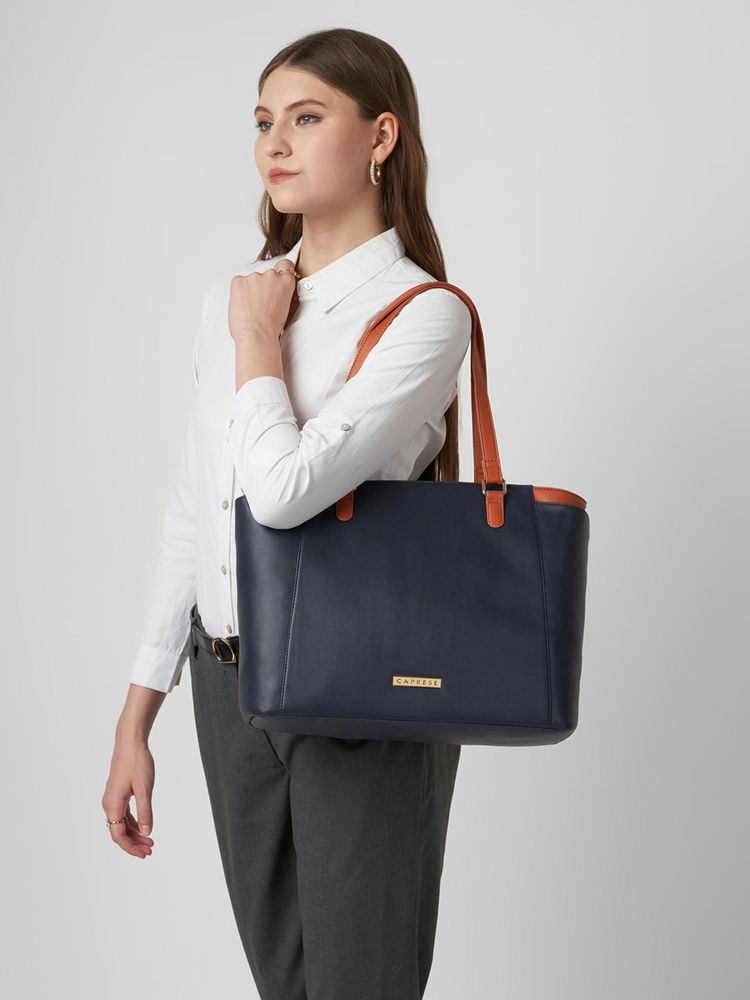 Caprese Women Regina Navy Blue 16 Inch Laptop Compatible Large Tote Bag-image-41