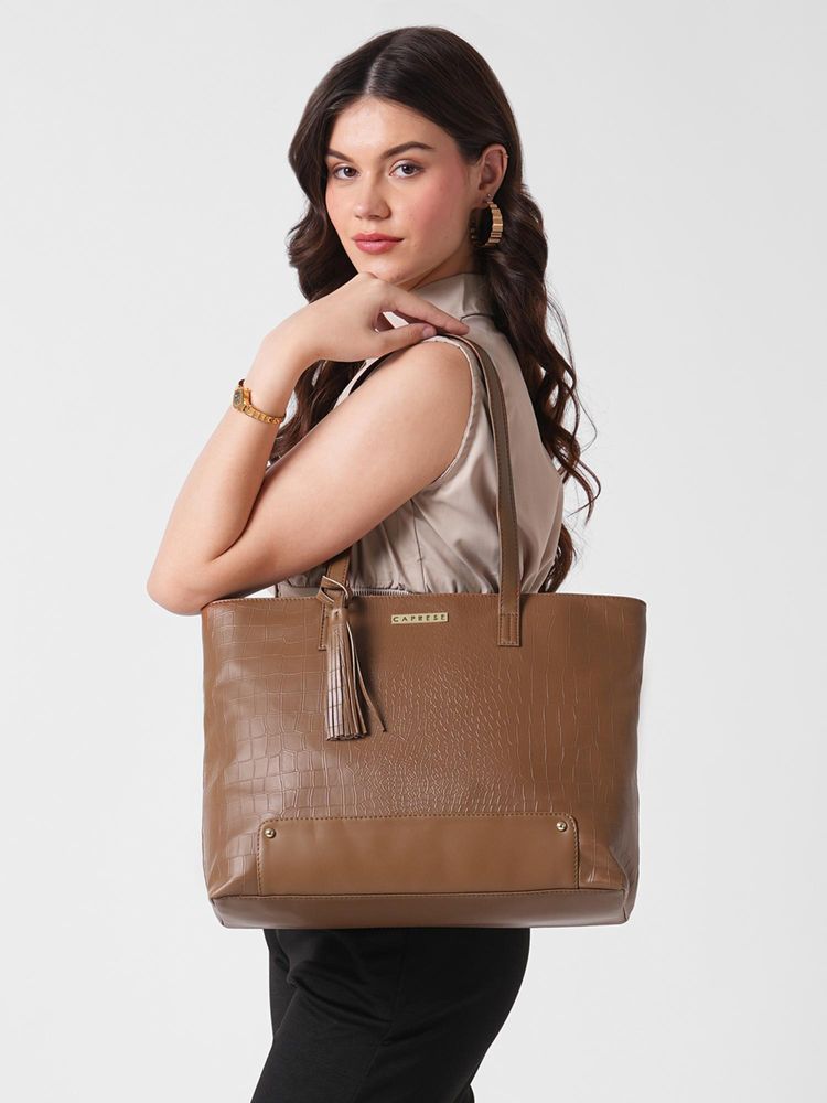 Caprese Women Sansa Tan 16 Inch Laptop Large Tote Bag-image-23
