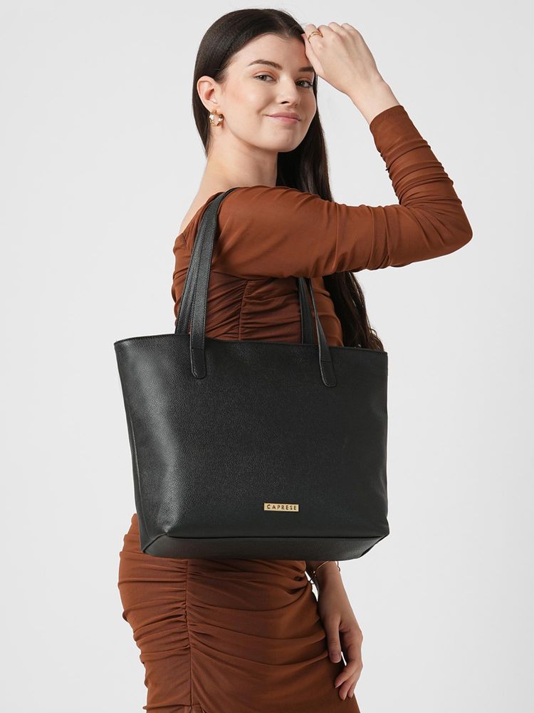 Caprese Women Tarry Black 15.6 Inch Laptop Compatible Large Tote Bag-picture-16