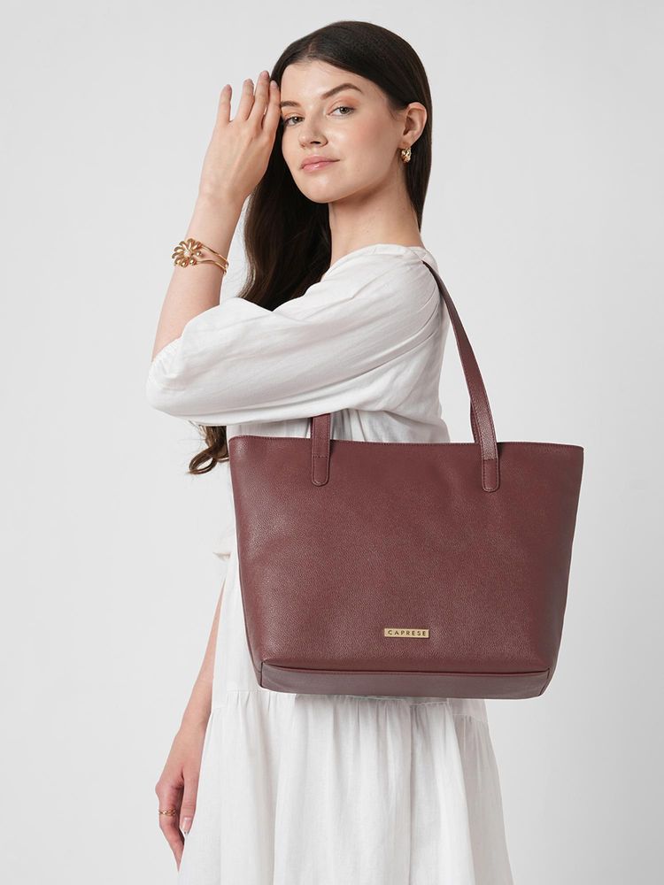 Caprese Women Tarry Cherry Burgundy 15.6 Inch Laptop Compatible Large Tote Bag-picture-15