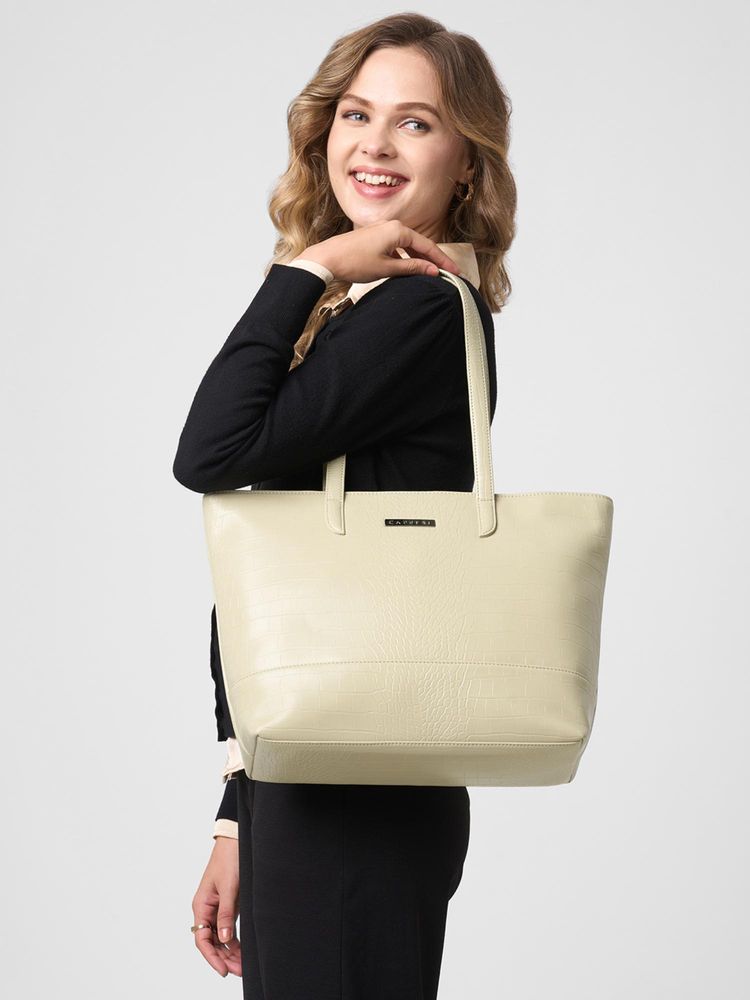 Caprese Women Texas Beige 15.6 Inch Laptop Compatible Large Tote Bag-image-34