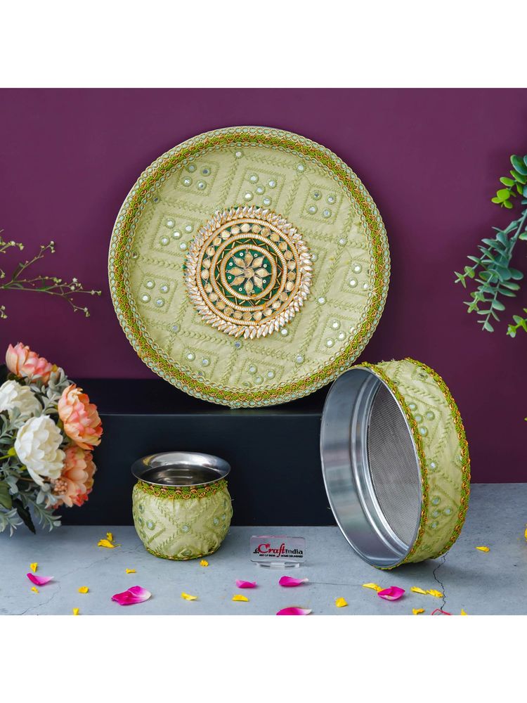 eCraftIndia Green Floral Decorative Stainless Steel Karwa Chauth Thali-image-16