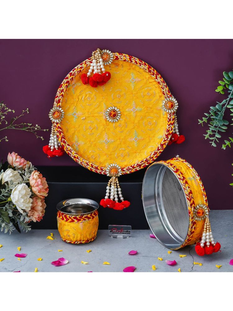 eCraftIndia Yellow Red Floral Decorative Stainless Steel Karwa Chauth Thali-picture-6
