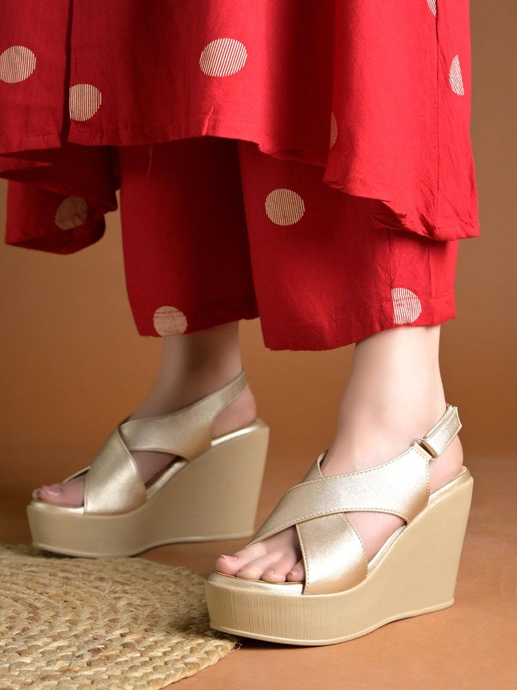 HVNLY by Shoetopia Chic Golden Cross Strap Wedge Heels-image-10
