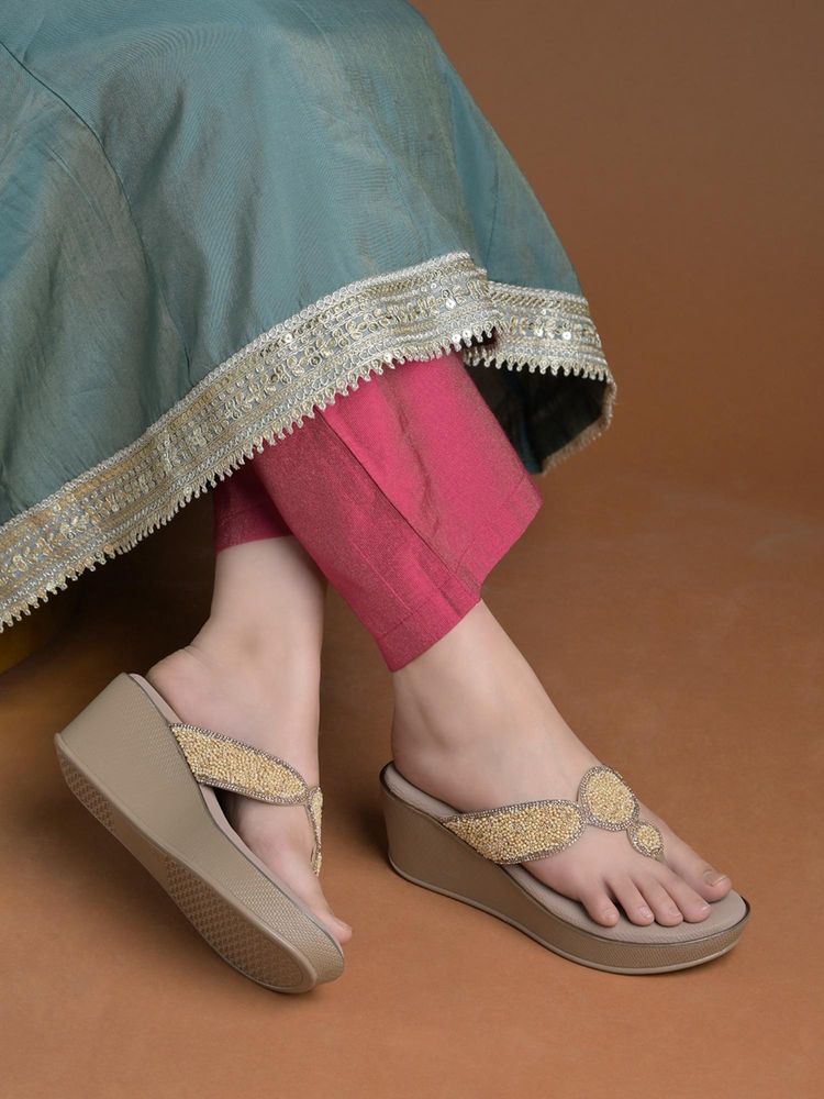 Shoetopia Golden Sparkle Strap Wedges-image-45