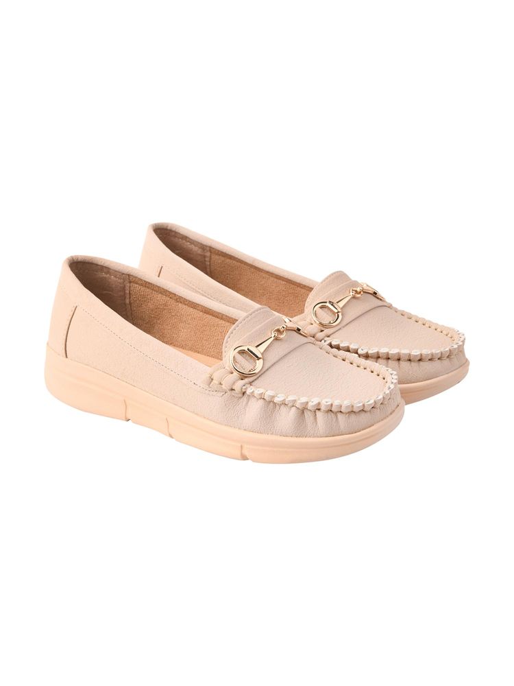 Shoetopia Classic Beige Slip On Loafers for Women-image-19