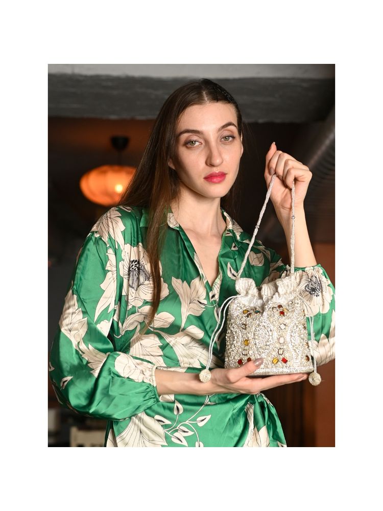 Odette Silver Embroidered Potli Bag For Women-image-44