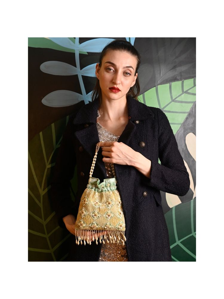 Odette Sea Green Embroidered Potli Bag For Women-image-28