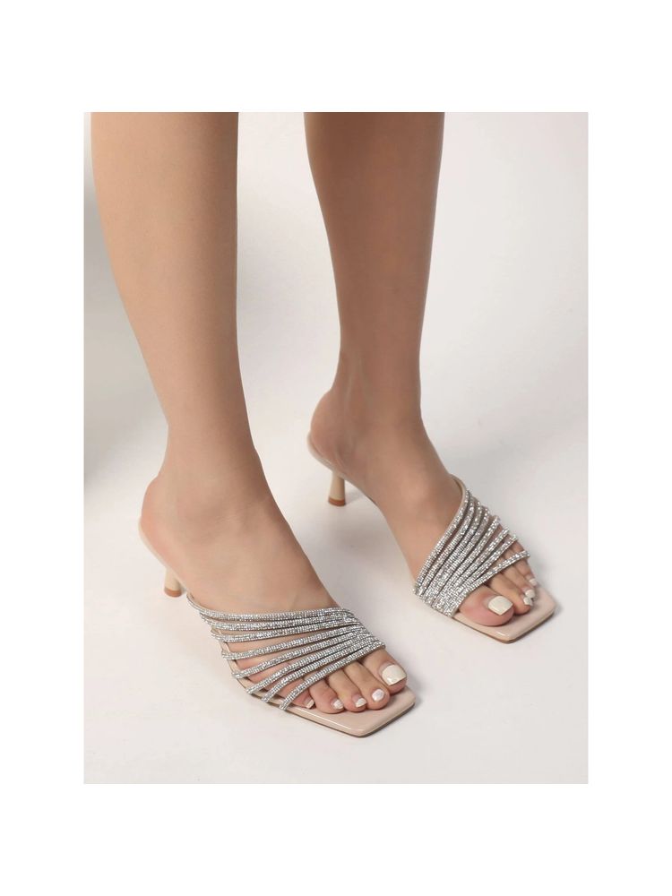 IRUSSH Nude Diamond Studded Slant Strips Heels-image-16