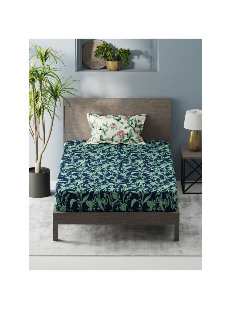 KOPA Single Bedsheet With Pillow Covers (Denim Cotton Feel) Floral-Navy Blue/Green (Single)-image-4