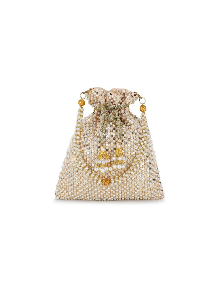 Anekaant Dangle Cream & Gold Faux Silk Sequined Potli-image-39
