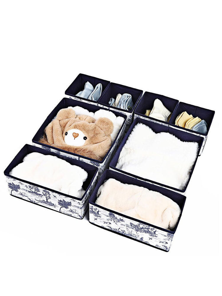 House of Quirk Foldable Cloth Storage Box Closet Dresser Drawer Organizer Blue (Set of 8)-image-0