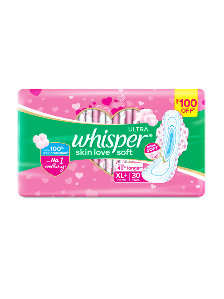 Whisper Ultra Skinlove Soft Sanitary Pads For Women,30 Thin Pads-Xl+,Our #1 Softness,Irritation Free