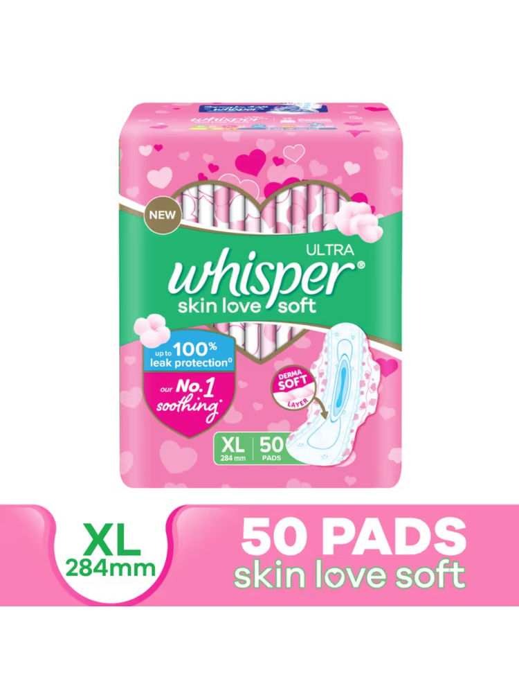 Whisper Ultra Skinlove Soft Sanitary Pads For Women,50 Thin Pads-Xl,Our #1 Softness,Irritation Free