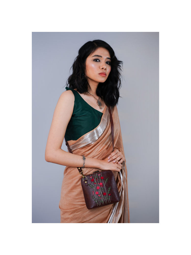 Miri Brown Hand Embroidered Red Rosebuds Venice Sling Bag with Detachable Straps-image-13