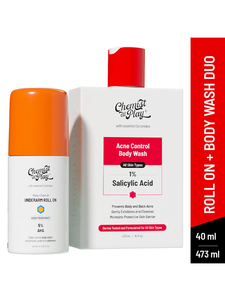 Chemist At Play Salicylic Acid Acne Body Wash & AHA Underarm Roll On Combo Set of Shower gel & Deo