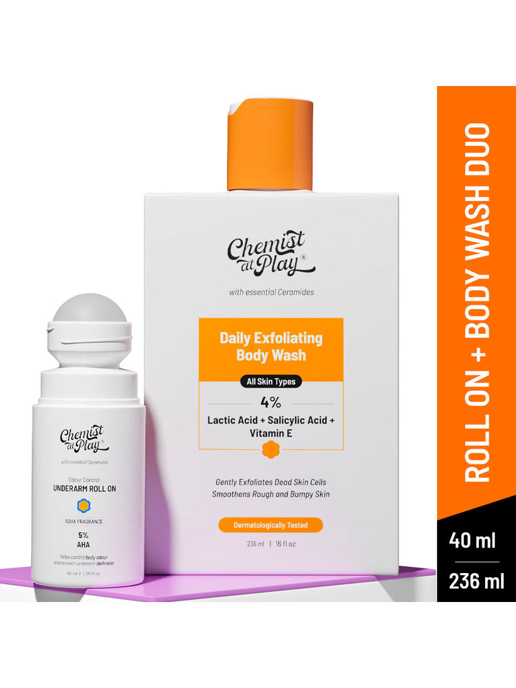 Chemist At Play Lactic Acid Exfoliating Body Wash (236)& AHA Underarm Roll OnShower gel & Deo Combo