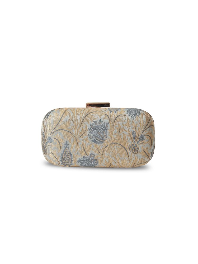 the tan clan grey elora banarasi long clutch with detachable chain