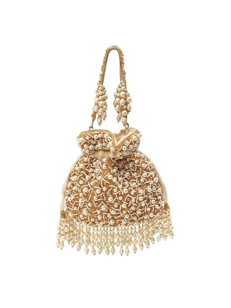 THE TAN CLAN White Rimsha Pearl Potli Bag with Tassels-picture-12