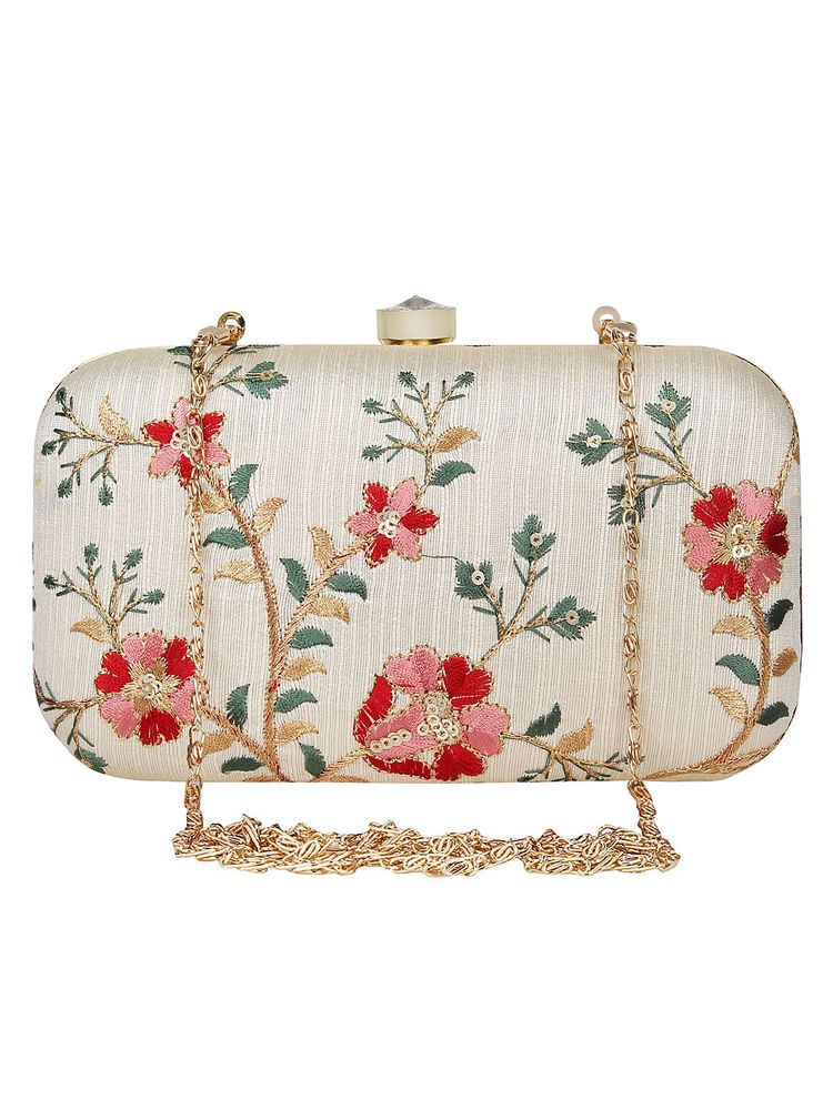 Anekaant Neutral & Multi-Color Tulle Embroidered Faux Silk Clutch-image-11