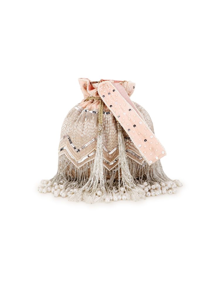 Anekaant Dangle Peach and Silver Chevron Embellished Velvet Potli